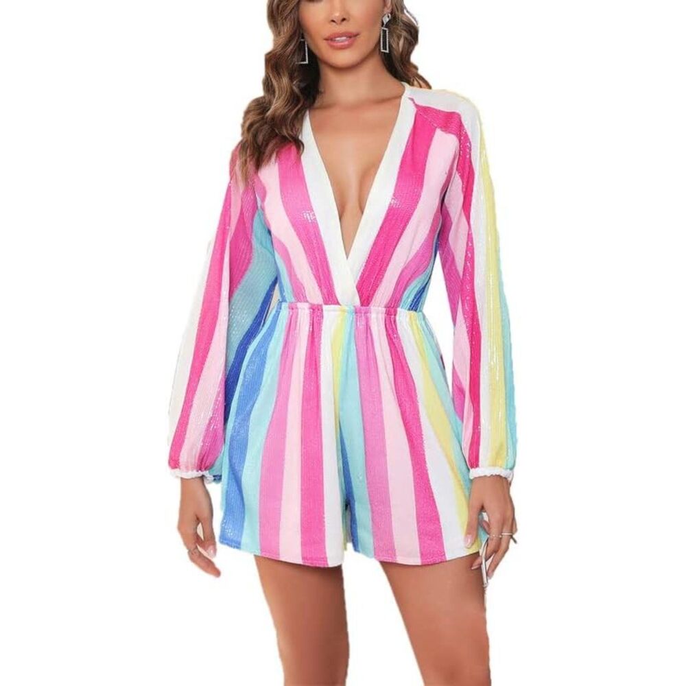 Sparkly Sequined Multicolored Sz Large Lined Romp… - image 1